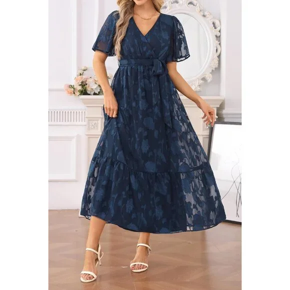 Plus Size Navy Blue V-Neck Maxi Dress for Wedding Guest Spring Summer